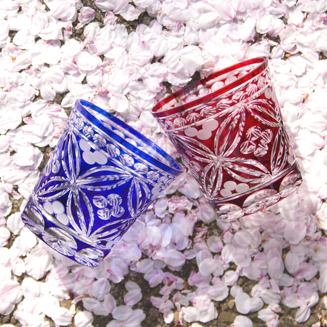 江戸切子-彩鳳-天開オールド-ロックグラス-ペア-アカ-ルリ-赤-青-硝子工房彩鳳