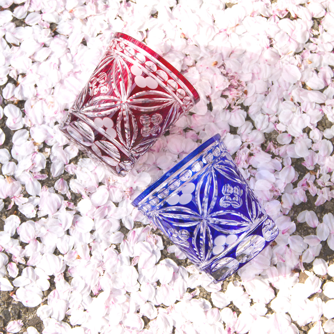 江戸切子-彩鳳-天開オールド-ロックグラス-ペア-アカ-ルリ-赤-青-硝子工房彩鳳