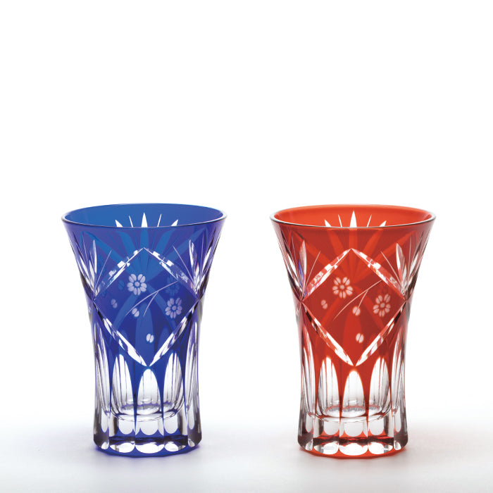 M-42-2 Pair of Diamond and Cherry Blossom Design Open Top Sake Cups