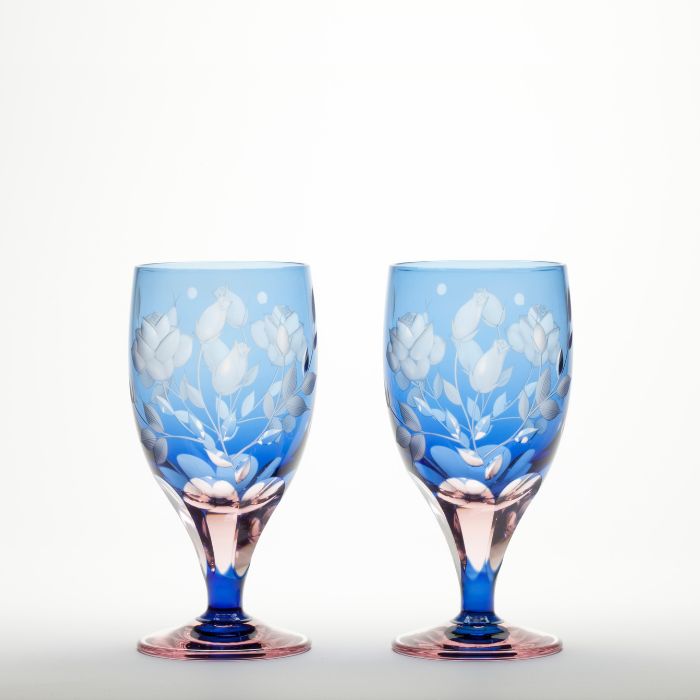 M-6081-2BP 薔薇文様 足付ビール杯 ペア - 硝子工房 彩鳳