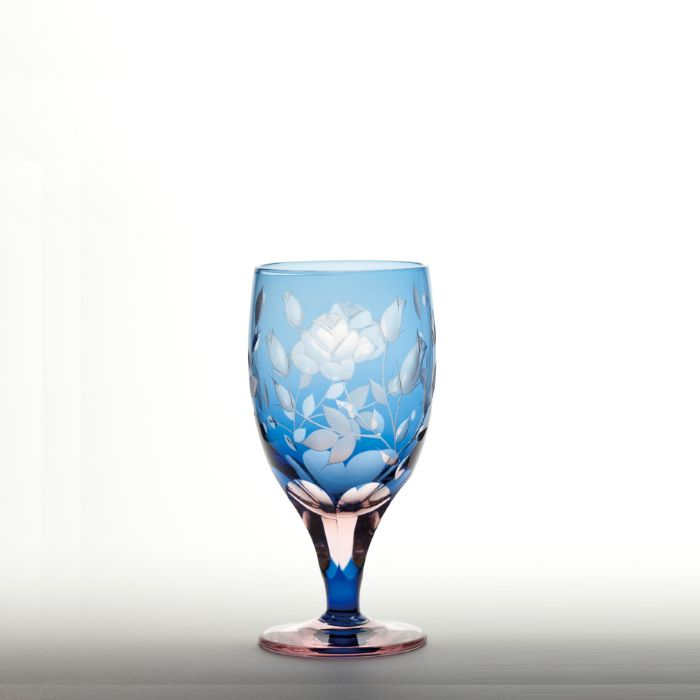 M-6081-BP 薔薇文様 足付ビール杯 ブルーピンク - 硝子工房 彩鳳