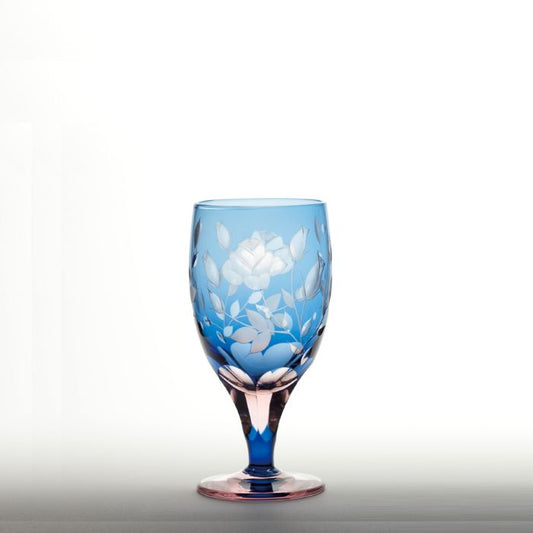 M-6081-BP 薔薇文様 足付ビール杯 ブルーピンク - 硝子工房 彩鳳