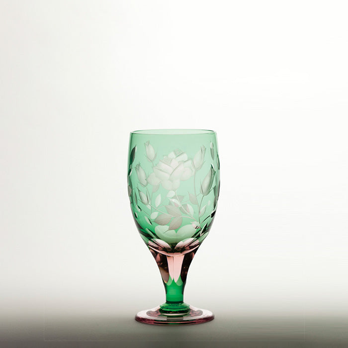 M-6081-PG 薔薇文様 足付ビール杯 ピンクグリーン - 硝子工房 彩鳳